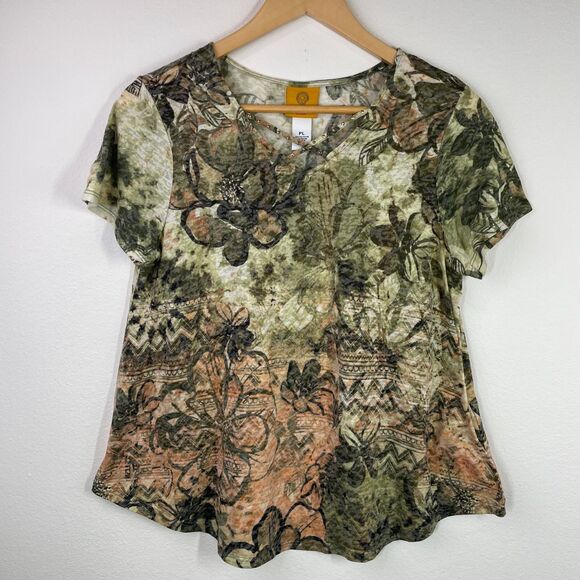 Ruby Rd Blouse Petite Large PL Floral Ruby Rd Sage Green Floral Blouse Studded - Picture 1 of 12
